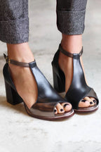 Nadaria™ | Zwarte patchwork sandalen met hak en peep-toe